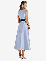 Rear View Thumbnail - Sky Blue & Black Off-the-Shoulder Bow-Waist Midi Dress with Pockets