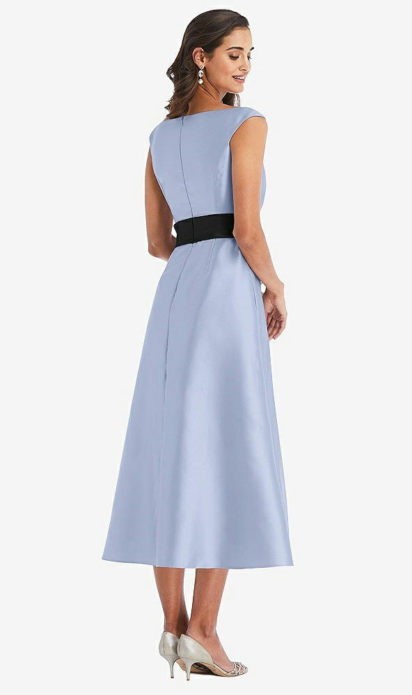 Back View - Sky Blue & Black Off-the-Shoulder Bow-Waist Midi Dress with Pockets