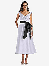 Front View Thumbnail - Silver Dove & Black Off-the-Shoulder Bow-Waist Midi Dress with Pockets