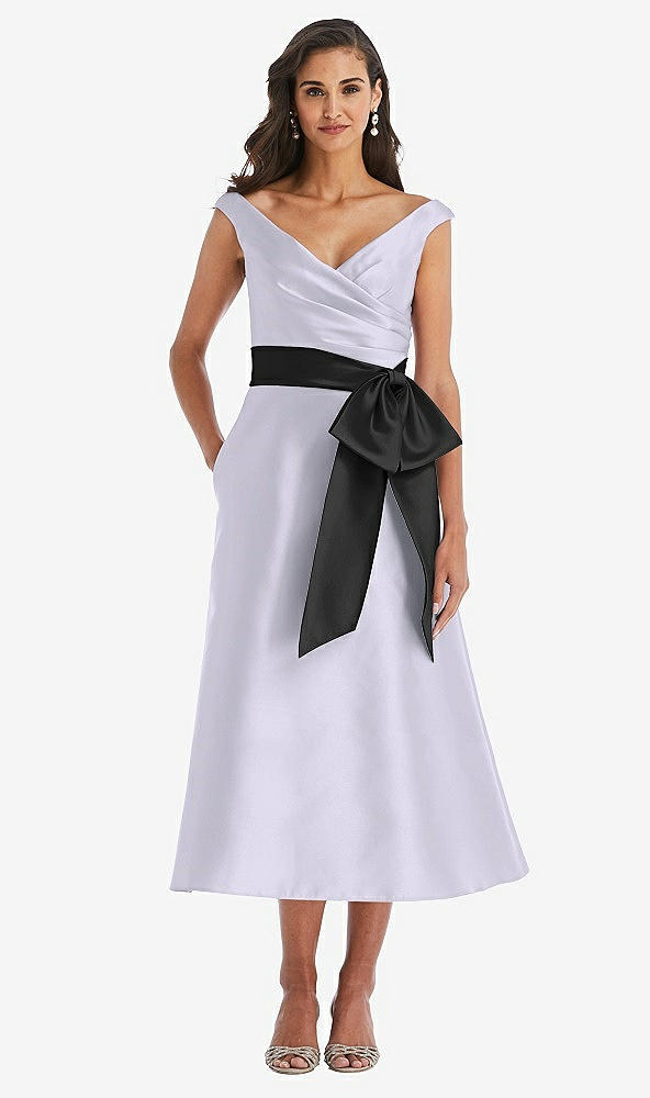 Front View - Silver Dove & Black Off-the-Shoulder Bow-Waist Midi Dress with Pockets