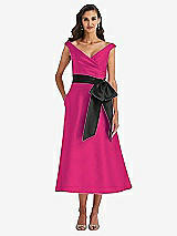 Front View Thumbnail - Think Pink & Black Off-the-Shoulder Bow-Waist Midi Dress with Pockets