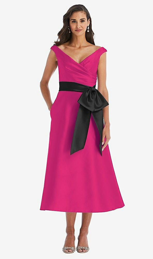Front View - Think Pink & Black Off-the-Shoulder Bow-Waist Midi Dress with Pockets
