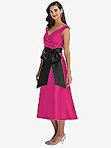 Side View Thumbnail - Think Pink & Black Off-the-Shoulder Bow-Waist Midi Dress with Pockets