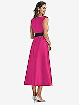 Rear View Thumbnail - Think Pink & Black Off-the-Shoulder Bow-Waist Midi Dress with Pockets
