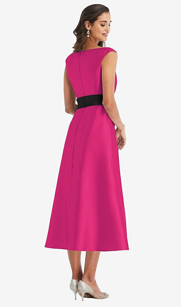 Back View - Think Pink & Black Off-the-Shoulder Bow-Waist Midi Dress with Pockets