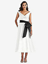 Front View Thumbnail - White & Black Off-the-Shoulder Bow-Waist Midi Dress with Pockets