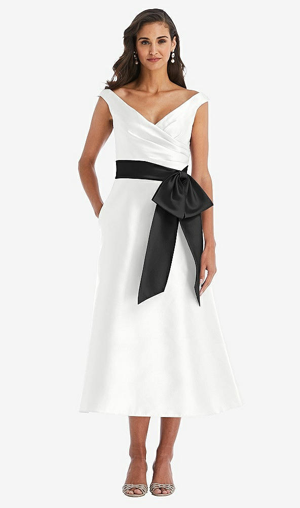 Front View - White & Black Off-the-Shoulder Bow-Waist Midi Dress with Pockets