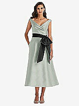 Front View Thumbnail - Willow Green & Black Off-the-Shoulder Bow-Waist Midi Dress with Pockets