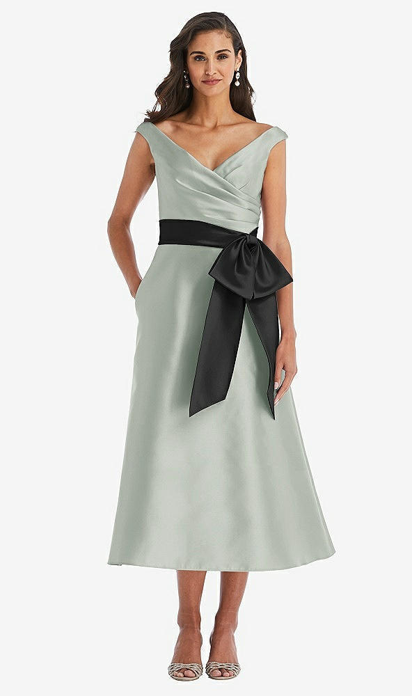 Front View - Willow Green & Black Off-the-Shoulder Bow-Waist Midi Dress with Pockets