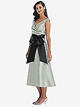 Side View Thumbnail - Willow Green & Black Off-the-Shoulder Bow-Waist Midi Dress with Pockets