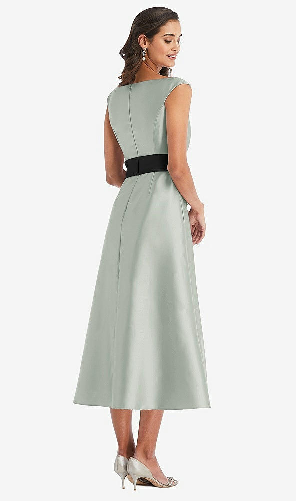 Back View - Willow Green & Black Off-the-Shoulder Bow-Waist Midi Dress with Pockets