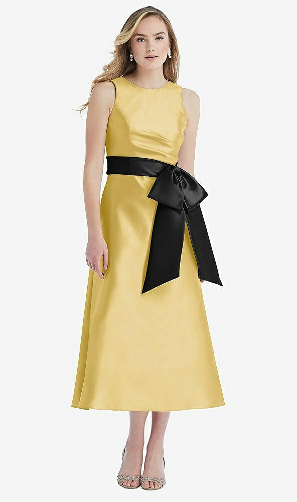 Front View - Maize & Black High-Neck Bow-Waist Midi Dress with Pockets