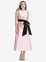 Front View Thumbnail - Ballet Pink & Black High-Neck Bow-Waist Midi Dress with Pockets