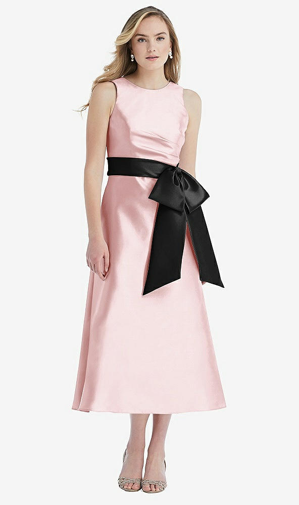 Front View - Ballet Pink & Black High-Neck Bow-Waist Midi Dress with Pockets