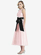 Side View Thumbnail - Ballet Pink & Black High-Neck Bow-Waist Midi Dress with Pockets