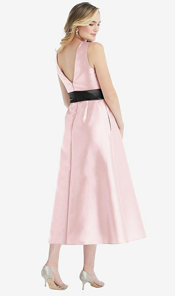 Back View - Ballet Pink & Black High-Neck Bow-Waist Midi Dress with Pockets