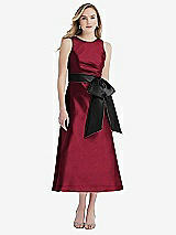 Front View Thumbnail - Burgundy & Black High-Neck Bow-Waist Midi Dress with Pockets