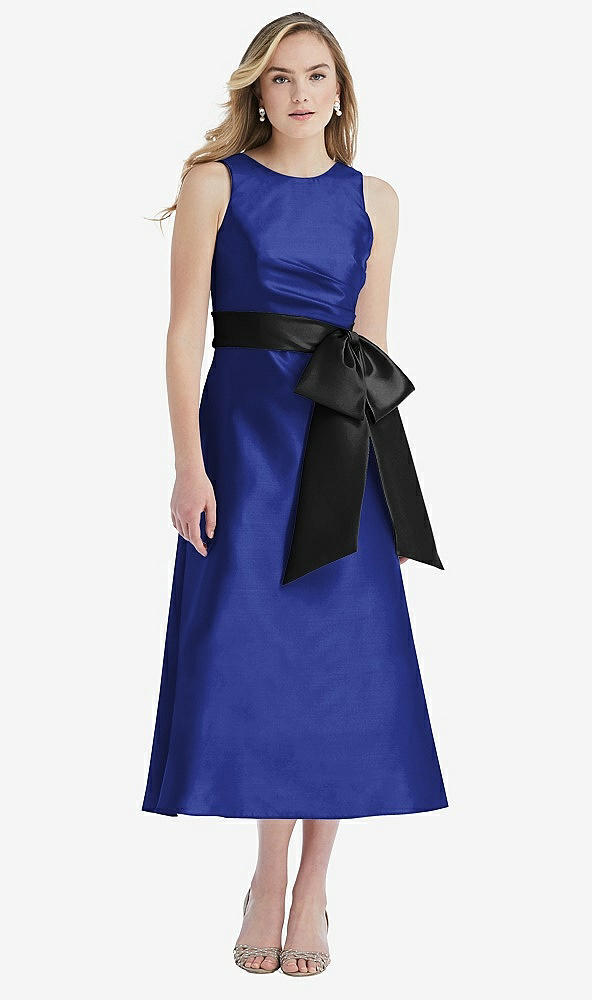 Front View - Cobalt Blue & Black High-Neck Bow-Waist Midi Dress with Pockets
