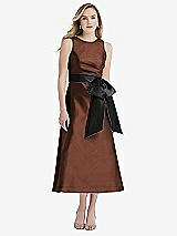 Front View Thumbnail - Cognac & Black High-Neck Bow-Waist Midi Dress with Pockets