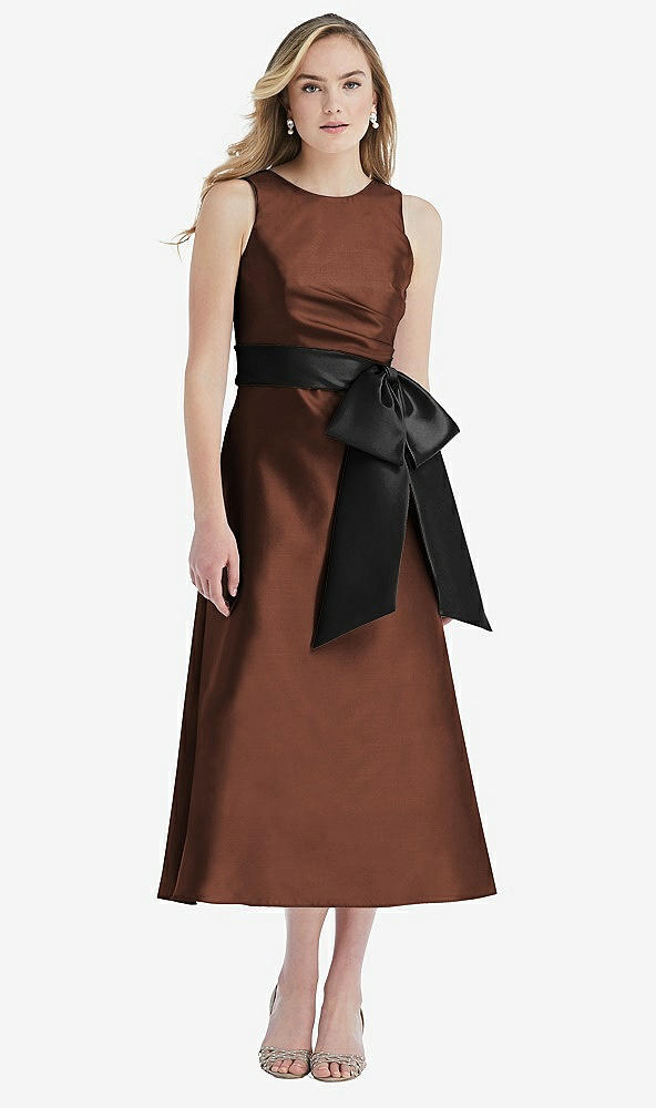 Front View - Cognac & Black High-Neck Bow-Waist Midi Dress with Pockets