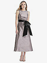 Front View Thumbnail - Cashmere Gray & Black High-Neck Bow-Waist Midi Dress with Pockets
