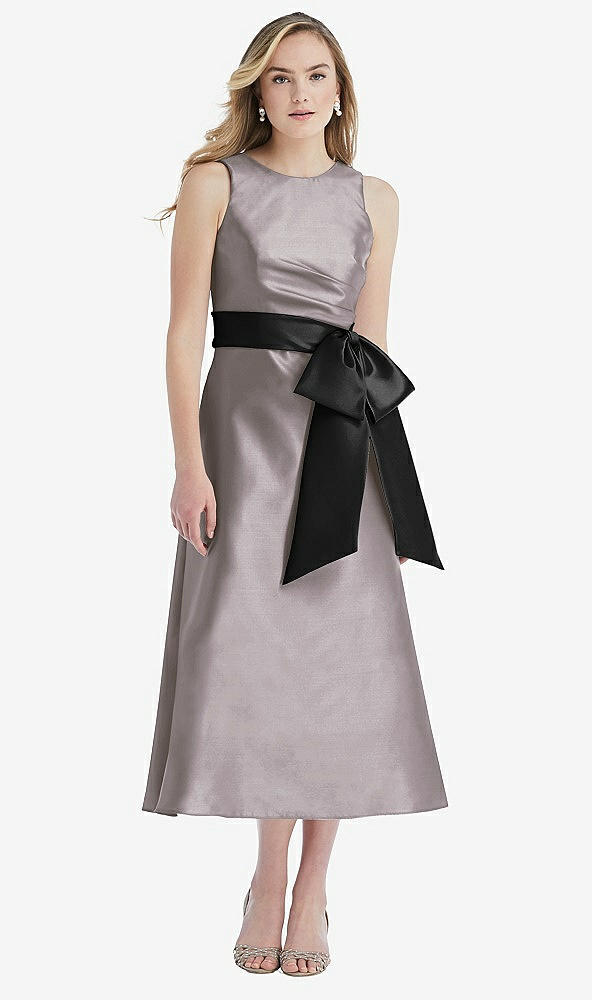 Front View - Cashmere Gray & Black High-Neck Bow-Waist Midi Dress with Pockets