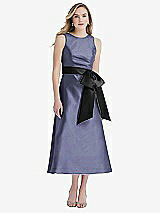 Front View Thumbnail - French Blue & Black High-Neck Bow-Waist Midi Dress with Pockets