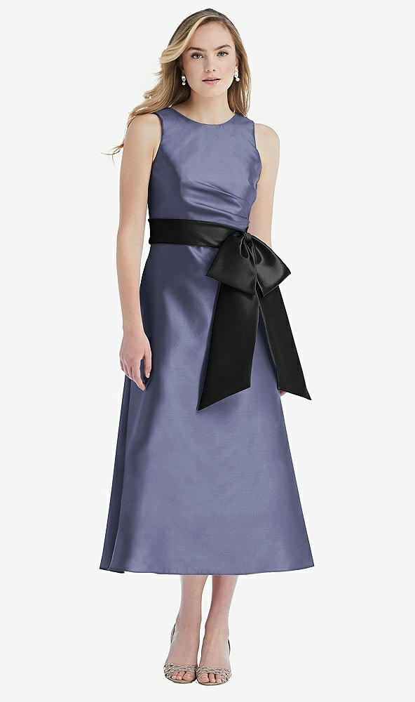 Front View - French Blue & Black High-Neck Bow-Waist Midi Dress with Pockets