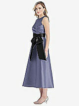 Side View Thumbnail - French Blue & Black High-Neck Bow-Waist Midi Dress with Pockets