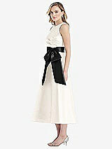 Side View Thumbnail - Ivory & Black High-Neck Bow-Waist Midi Dress with Pockets