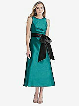 Front View Thumbnail - Jade & Black High-Neck Bow-Waist Midi Dress with Pockets
