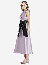 Side View Thumbnail - Lilac Haze & Black High-Neck Bow-Waist Midi Dress with Pockets