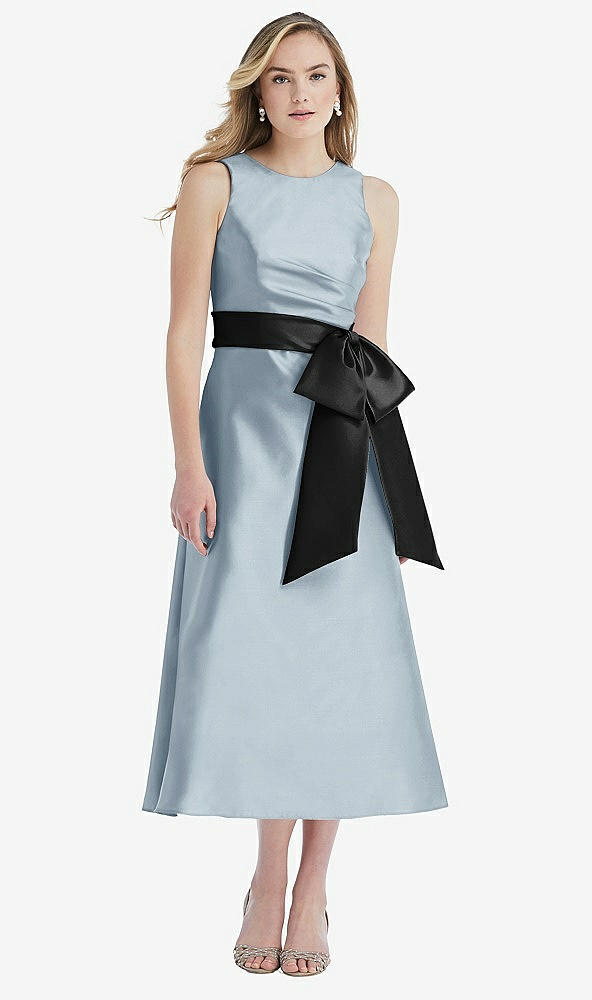 Front View - Mist & Black High-Neck Bow-Waist Midi Dress with Pockets