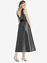 Rear View Thumbnail - Pewter & Black High-Neck Bow-Waist Midi Dress with Pockets