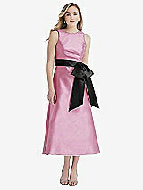 Front View Thumbnail - Powder Pink & Black High-Neck Bow-Waist Midi Dress with Pockets
