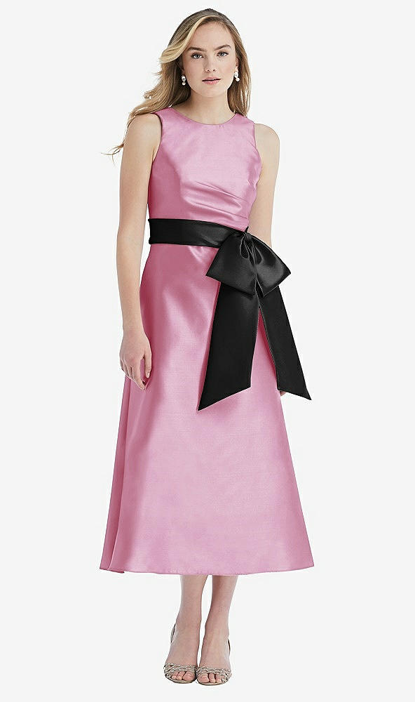 Front View - Powder Pink & Black High-Neck Bow-Waist Midi Dress with Pockets