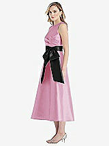 Side View Thumbnail - Powder Pink & Black High-Neck Bow-Waist Midi Dress with Pockets