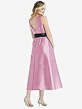Rear View Thumbnail - Powder Pink & Black High-Neck Bow-Waist Midi Dress with Pockets