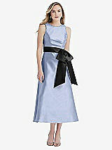 Front View Thumbnail - Sky Blue & Black High-Neck Bow-Waist Midi Dress with Pockets