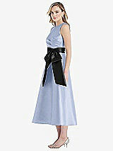 Side View Thumbnail - Sky Blue & Black High-Neck Bow-Waist Midi Dress with Pockets