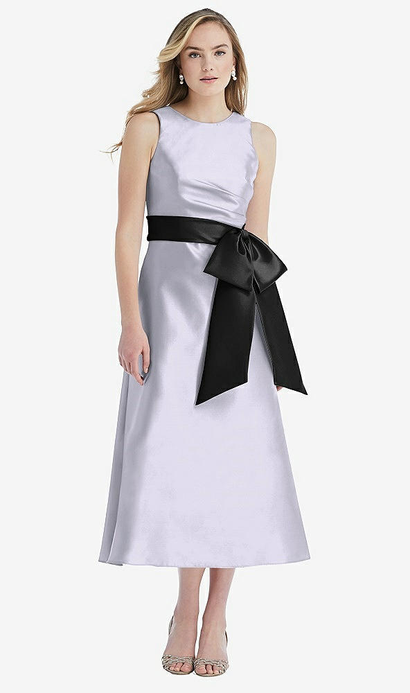 Front View - Silver Dove & Black High-Neck Bow-Waist Midi Dress with Pockets