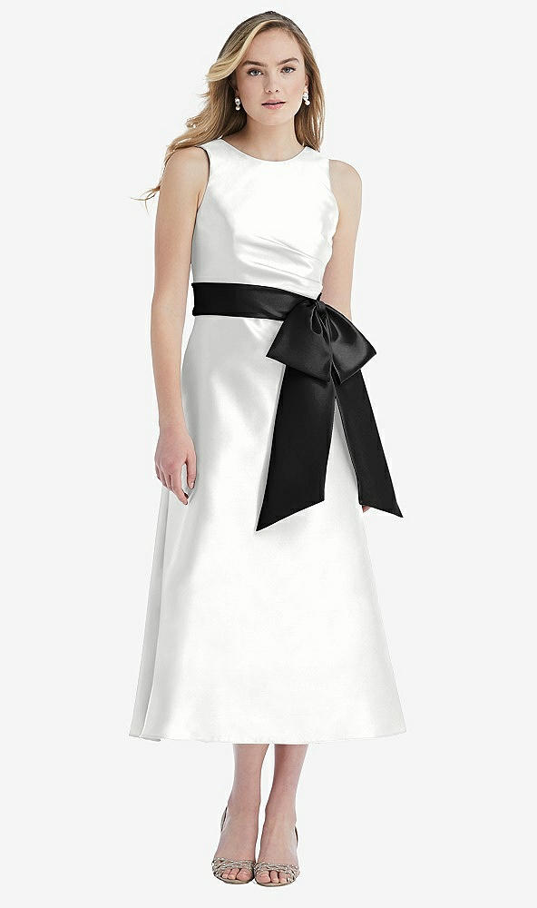 Front View - White & Black High-Neck Bow-Waist Midi Dress with Pockets