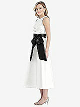 Side View Thumbnail - White & Black High-Neck Bow-Waist Midi Dress with Pockets