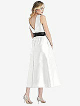 Rear View Thumbnail - White & Black High-Neck Bow-Waist Midi Dress with Pockets