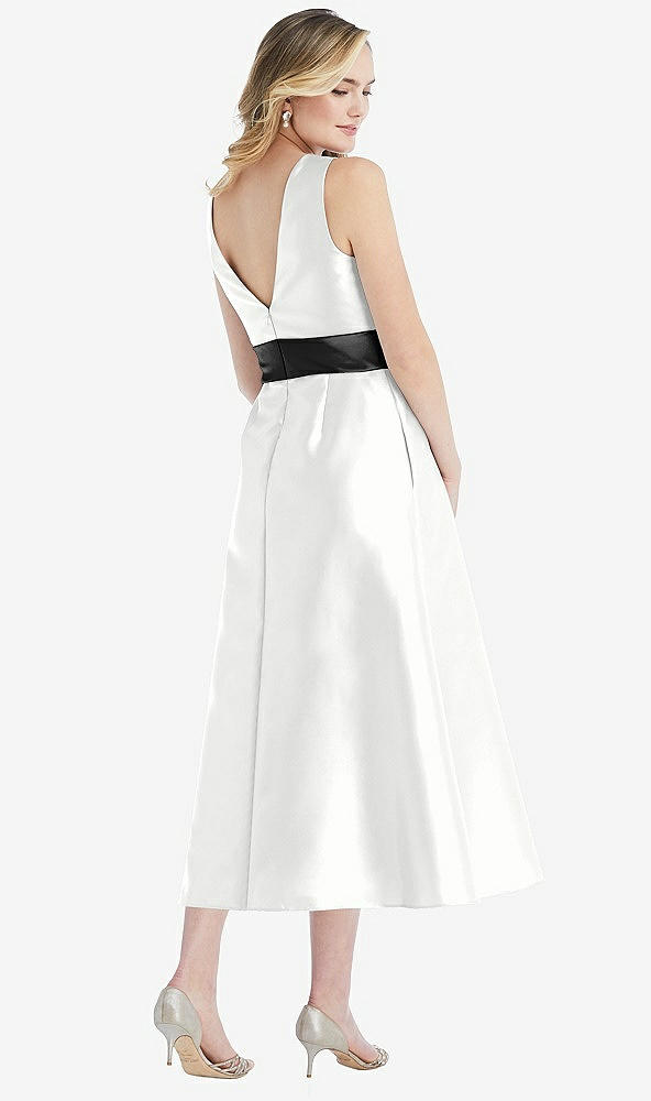 Back View - White & Black High-Neck Bow-Waist Midi Dress with Pockets