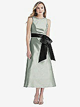 Front View Thumbnail - Willow Green & Black High-Neck Bow-Waist Midi Dress with Pockets