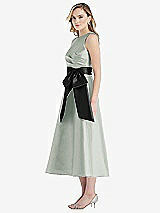 Side View Thumbnail - Willow Green & Black High-Neck Bow-Waist Midi Dress with Pockets