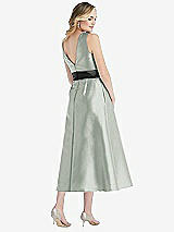 Rear View Thumbnail - Willow Green & Black High-Neck Bow-Waist Midi Dress with Pockets