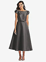 Side View Thumbnail - Caviar Gray Puff Sleeve Bow-Waist Full Skirt Satin Midi Dress