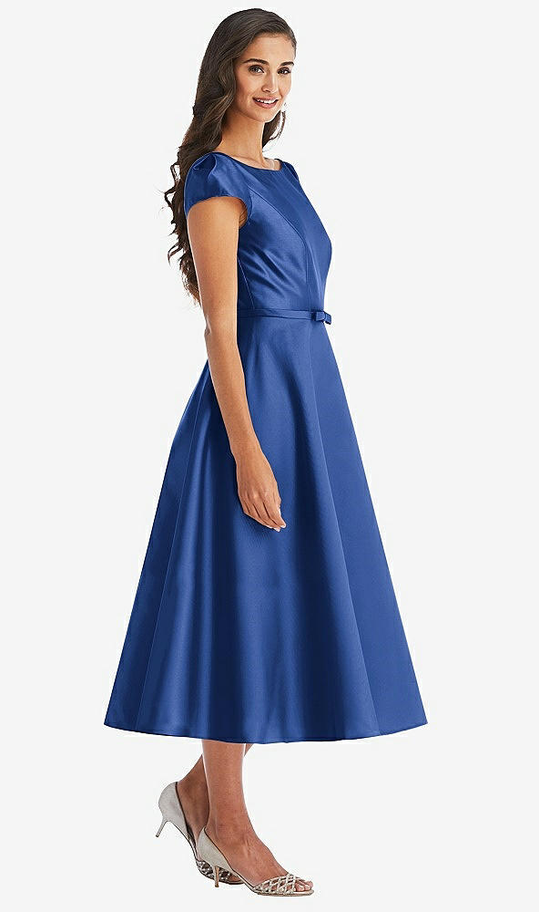 Front View - Classic Blue Puff Sleeve Bow-Waist Full Skirt Satin Midi Dress